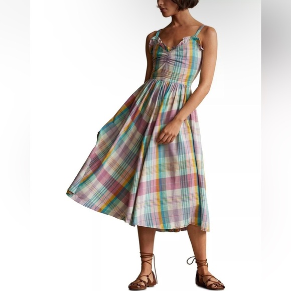 NWT $248 Polo Ralph Lauren Multicolor Madras Plaid Ruffle Midi Dress Size 14 - Picture 1 of 17
